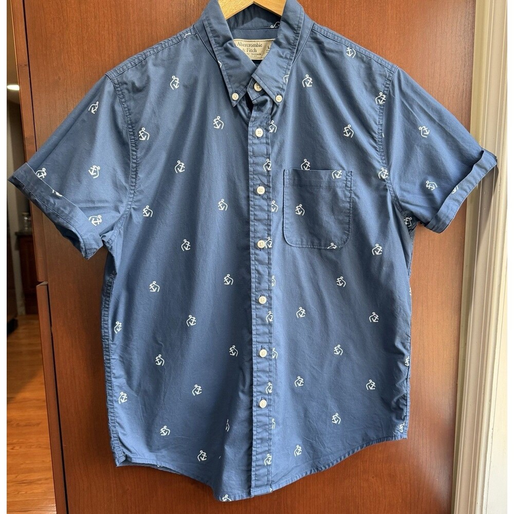 Abercrombie & Fitch Men’s Button Down Shirt Size L Blue Anchor Print Short Sleev